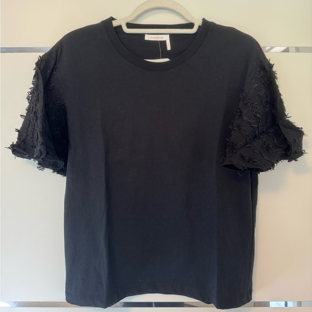 See By Chloe Black Tee with Frayed Sleeves
